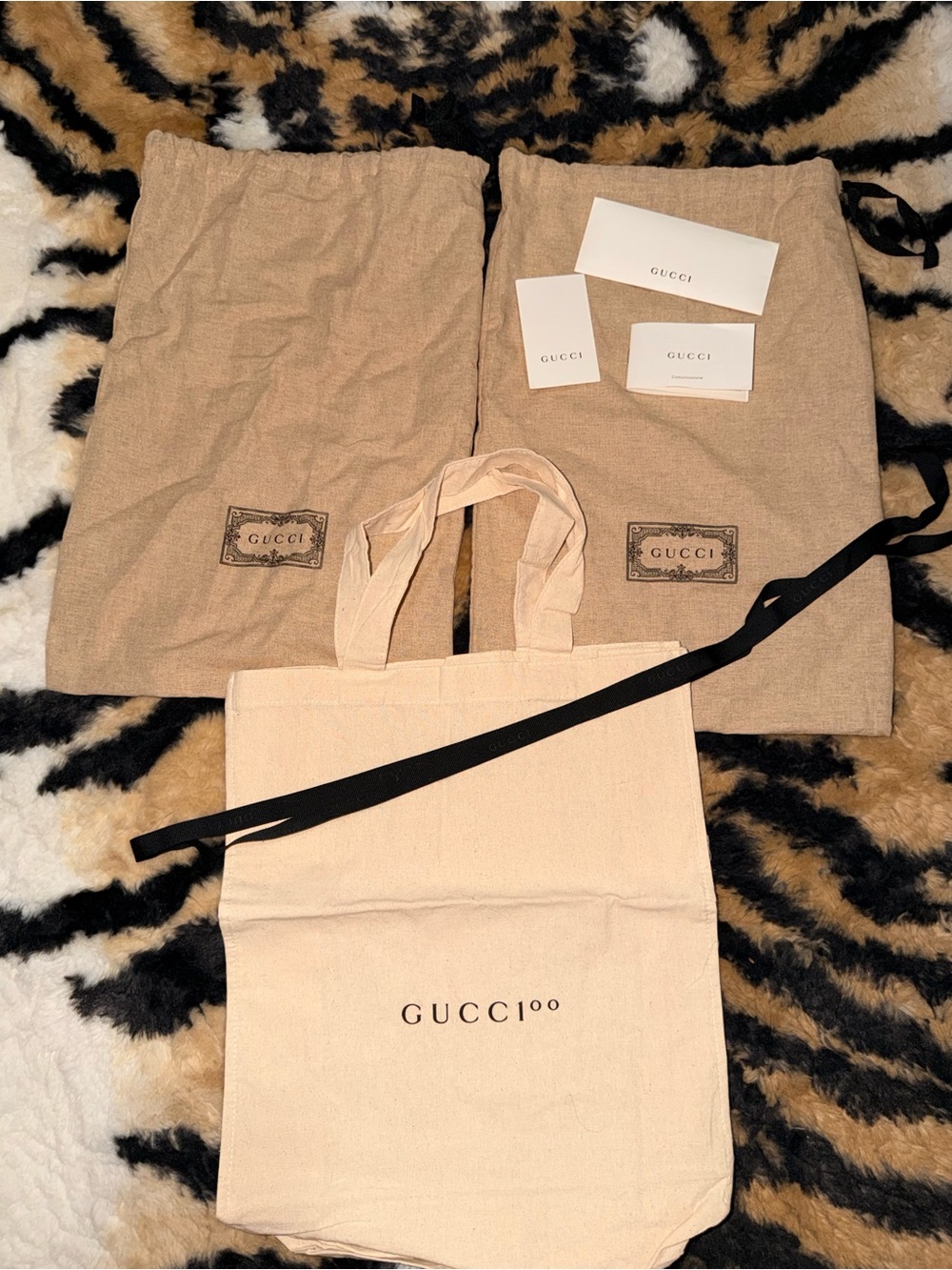 Gucci Beige Canvas Tote With Gucci Sneaker Dust Bags And Cards